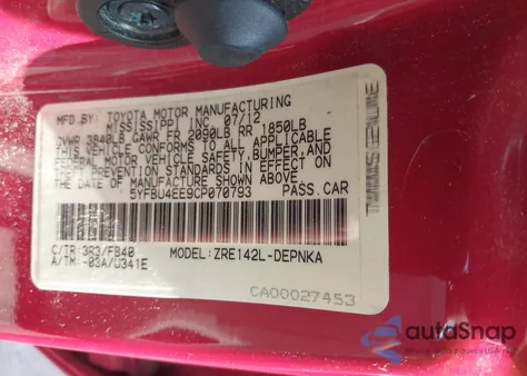 2012 Toyota Corolla Le from USA, damaged, VIN 5YFBU4EE9CP070793